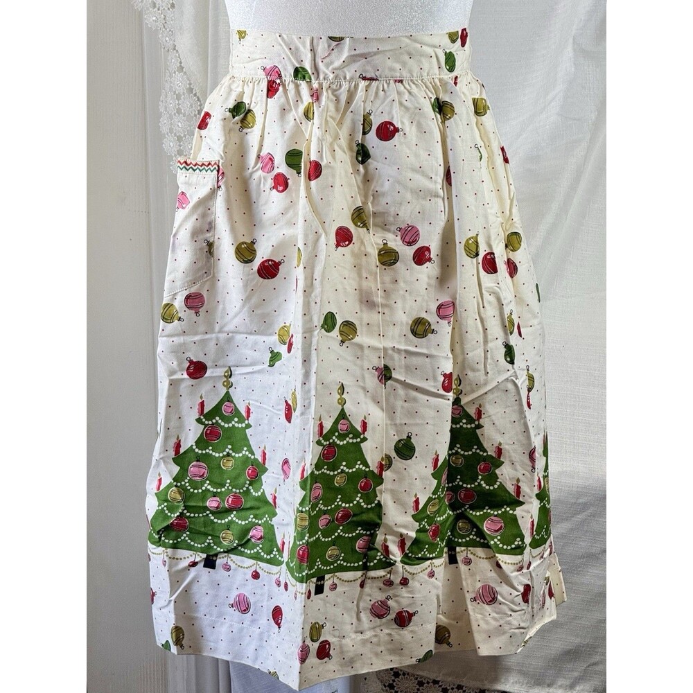 Vintage MCM Half Apron Christmas Trees & Ornaments Cotton Hostess Style Pocket